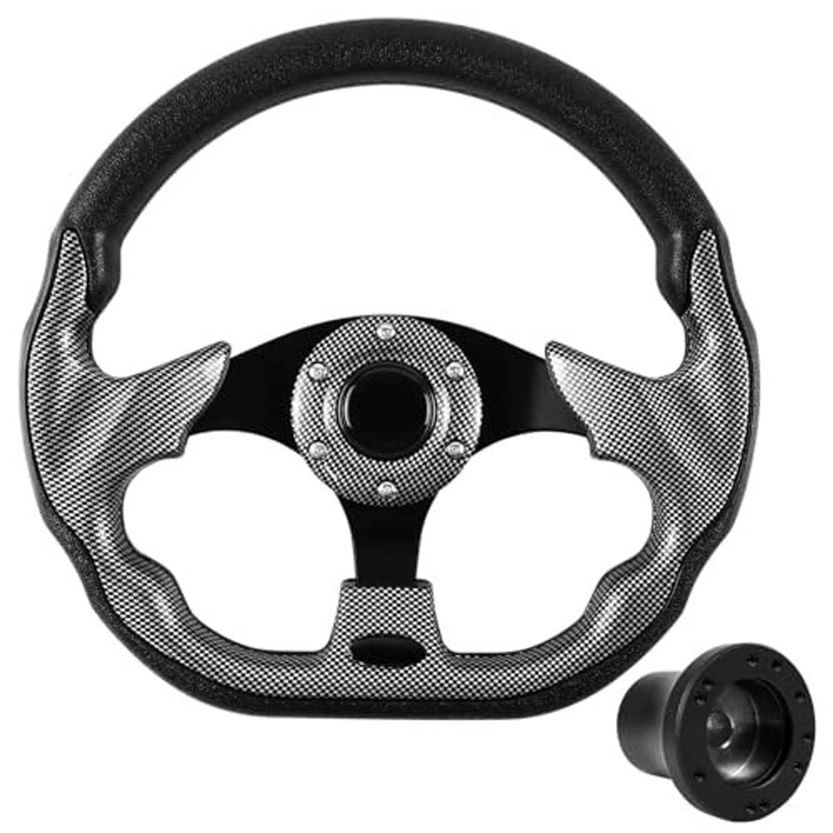 Golf cart steering wheel with carbon-look grips, center hub, and black adapter piece