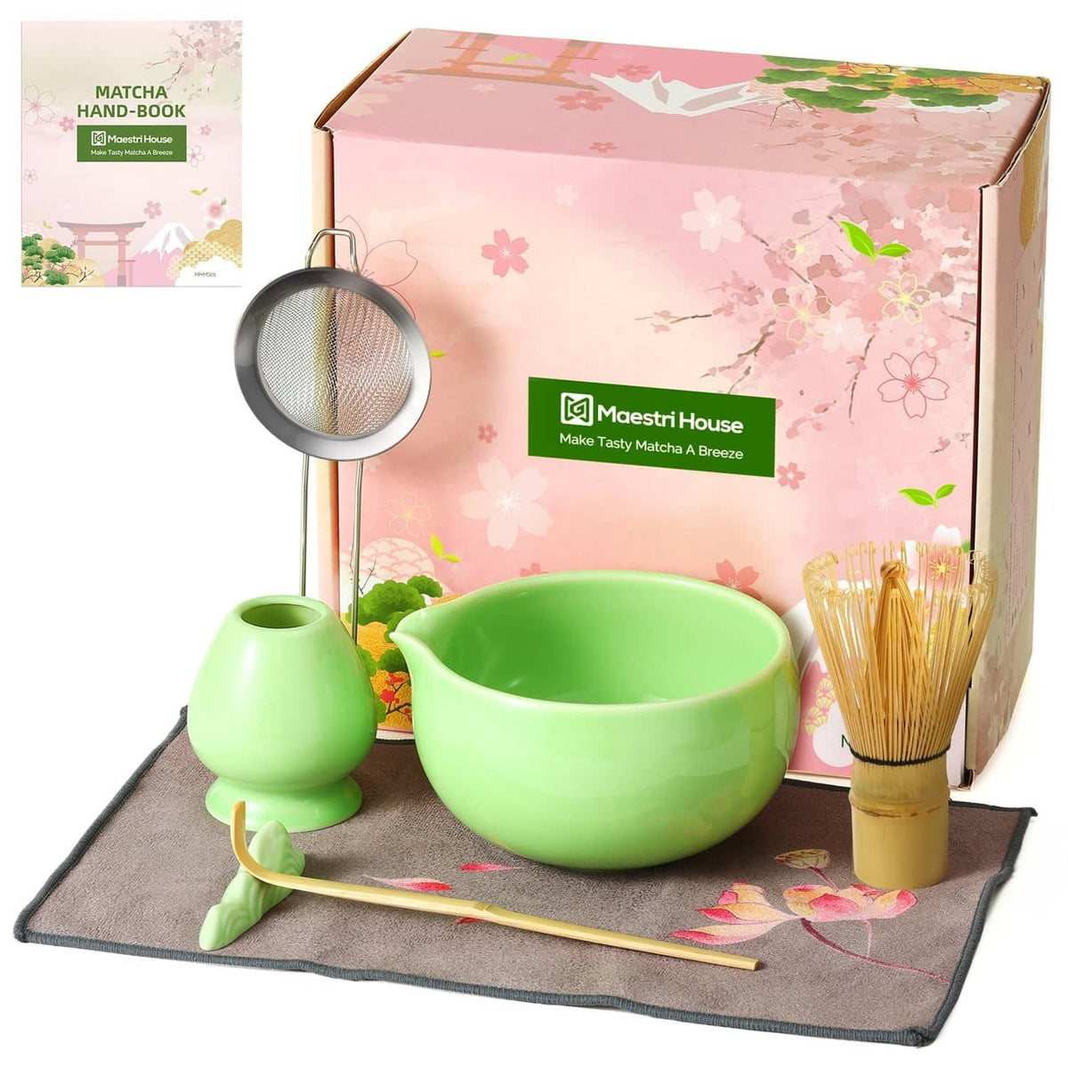 Green matcha whisk set kit with bowl, whisk, scoop, strainer, whisk holder and tray mat