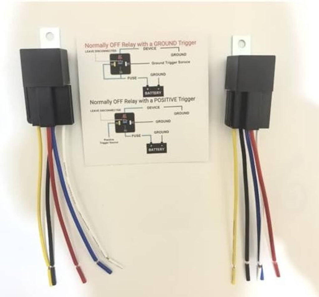 Wiring schematic for normally-off relay with ground or positive trigger, battery and fuse