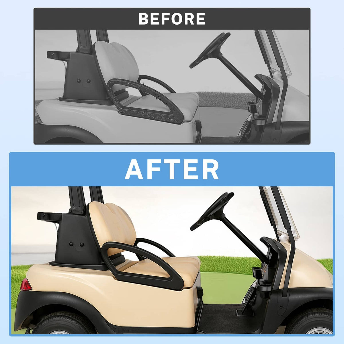 Hip restraint kit installed on a vehicle seat area with black handles