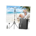 Portable misting system with tripod stand, dual nozzles, and gray water tank with pump