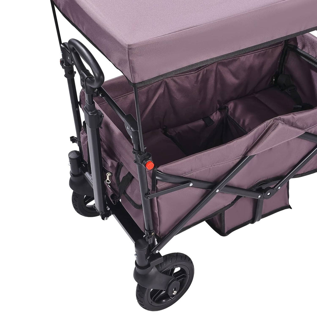 Purple collapsible double stroller wagon, side view with canopy and large wheels