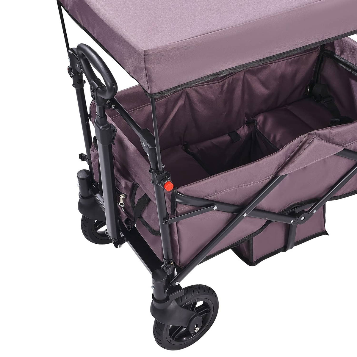 Purple collapsible double stroller wagon, side view with canopy and large wheels