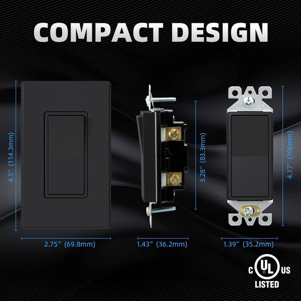 Compact matte black wall switch showing wiring terminals behind faceplate
