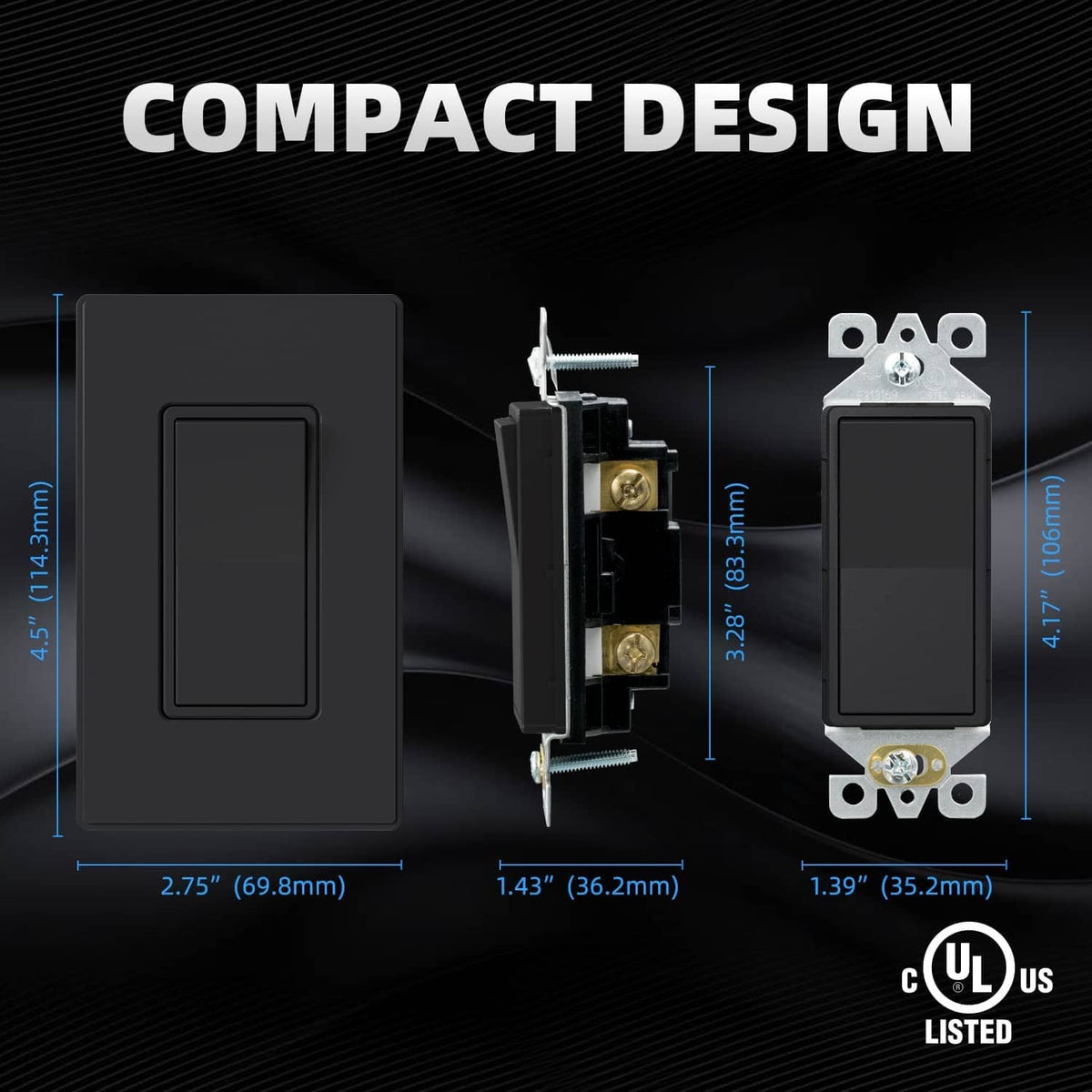 Compact matte black wall switch showing wiring terminals behind faceplate