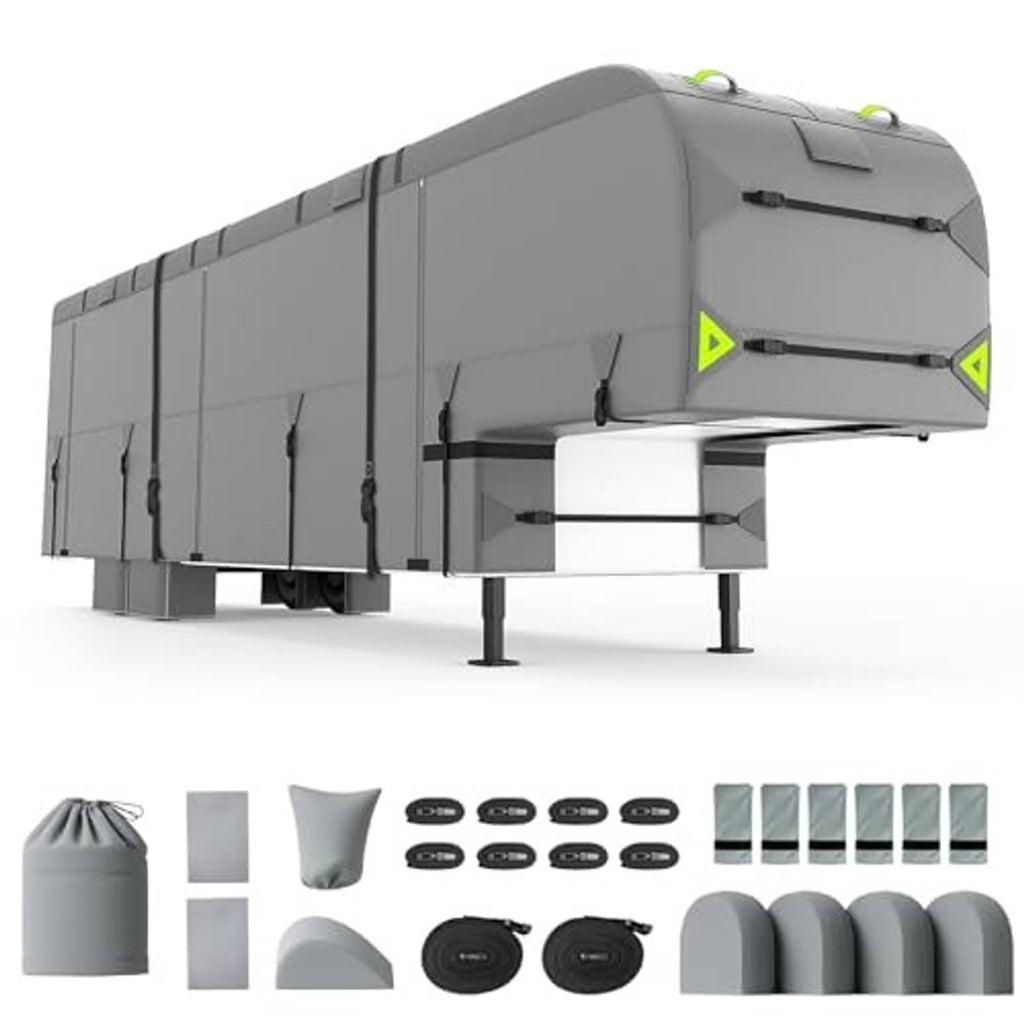 Gray fifth-wheel RV cover with front access panel and adjustable tie-down straps