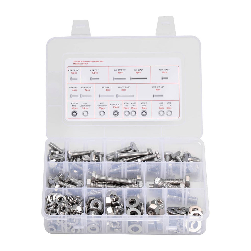 Stainless steel bolt and nut assortment kit with clear organizer compartments and chart label