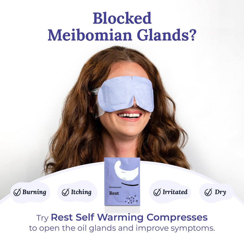 Woman smiling with a light blue warm eye mask over eyes and Rest packet below