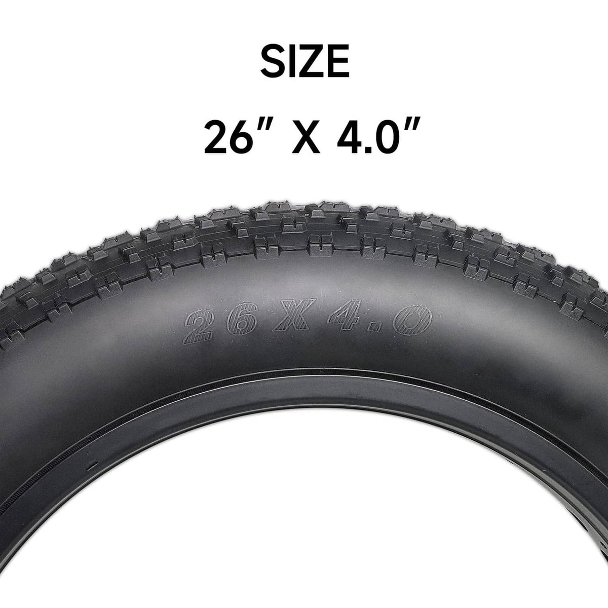 Black 26x4.0 fat bike tire close-up showing tread and sidewall profile