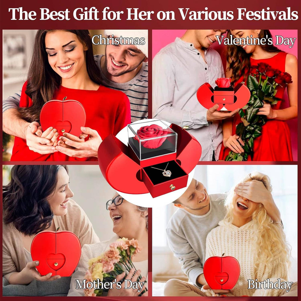 Heart necklace gift set shown with red heart case and preserved rose gift box