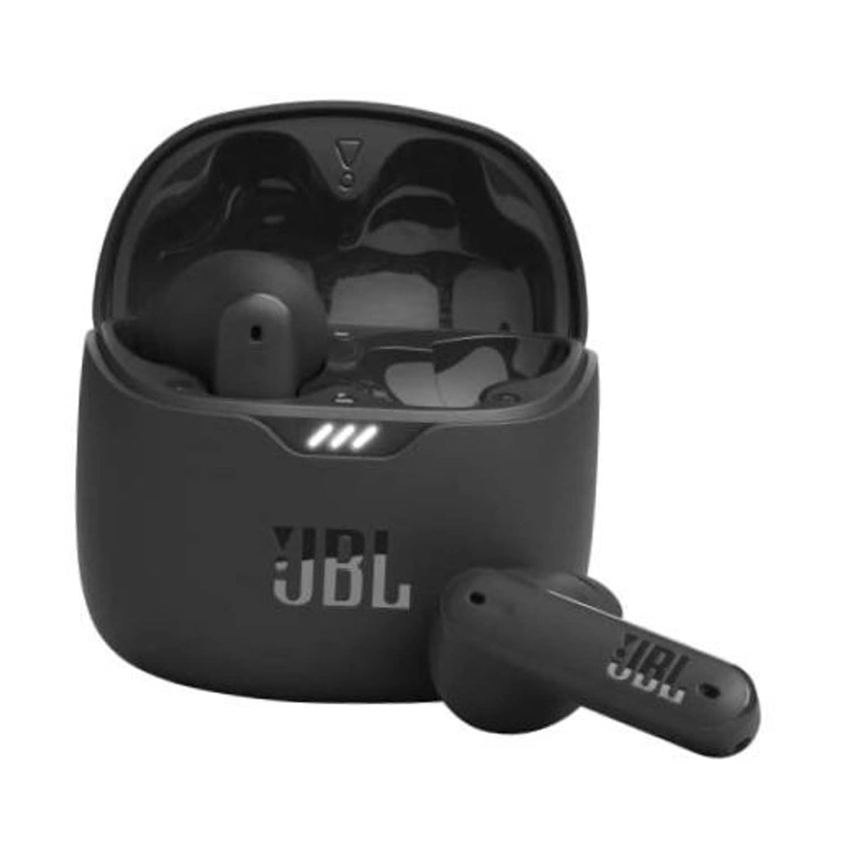 Black true wireless earbuds with charging case, JBL logo visible