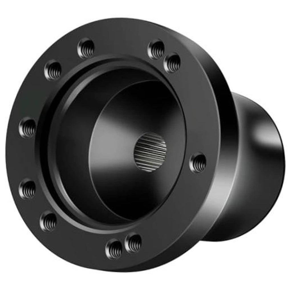 Black steering wheel adapter hub with multiple bolt holes and central bore opening