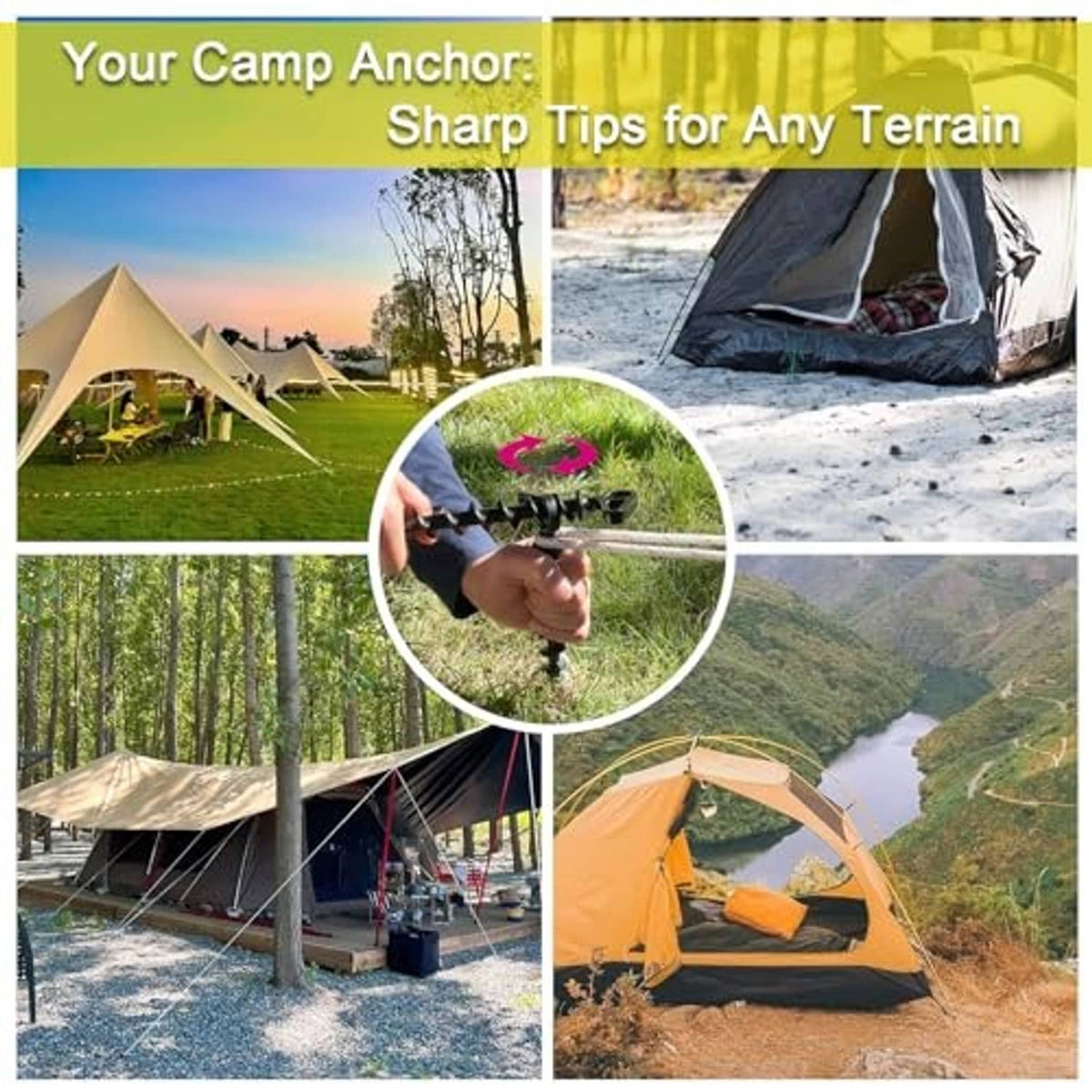 Screw-in ground anchors used to secure a tent on outdoor grass