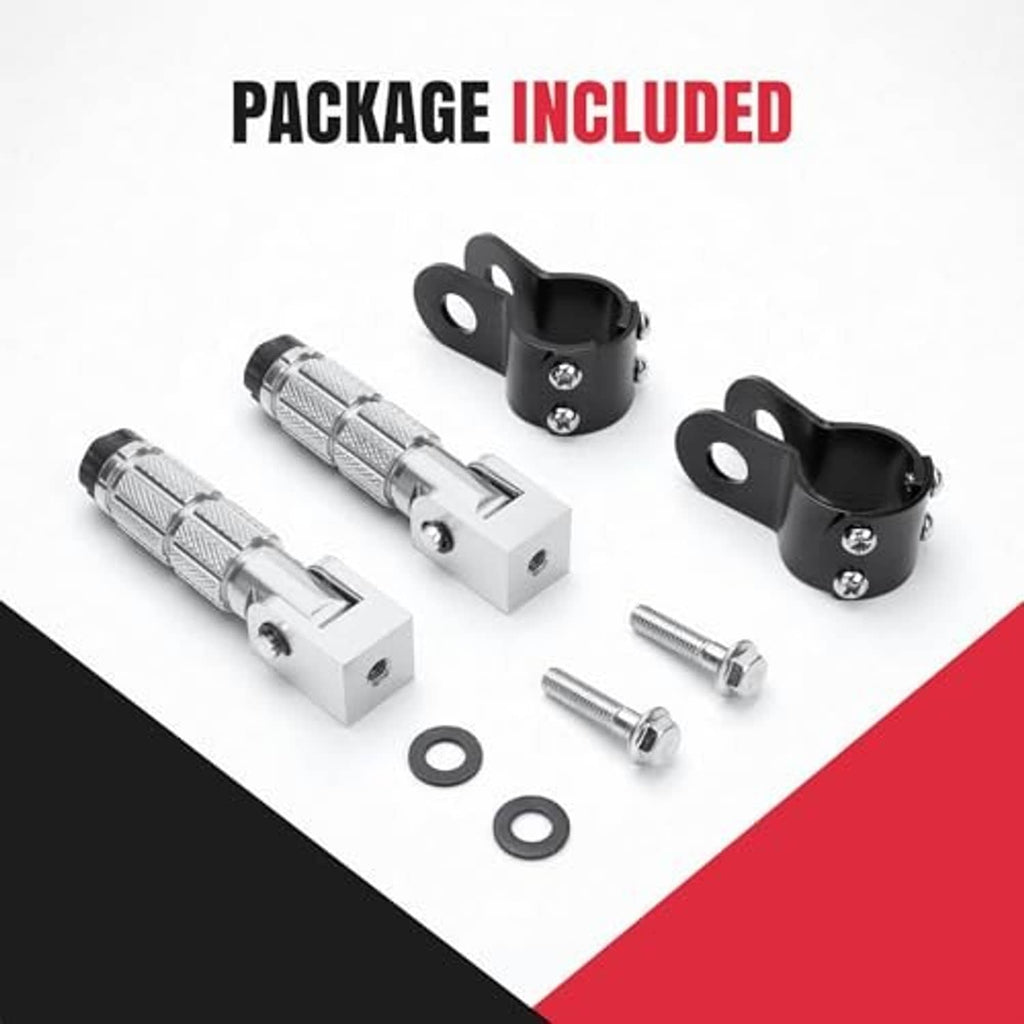 Included motorcycle foot peg set: silver pegs, black brackets, screws and washers
