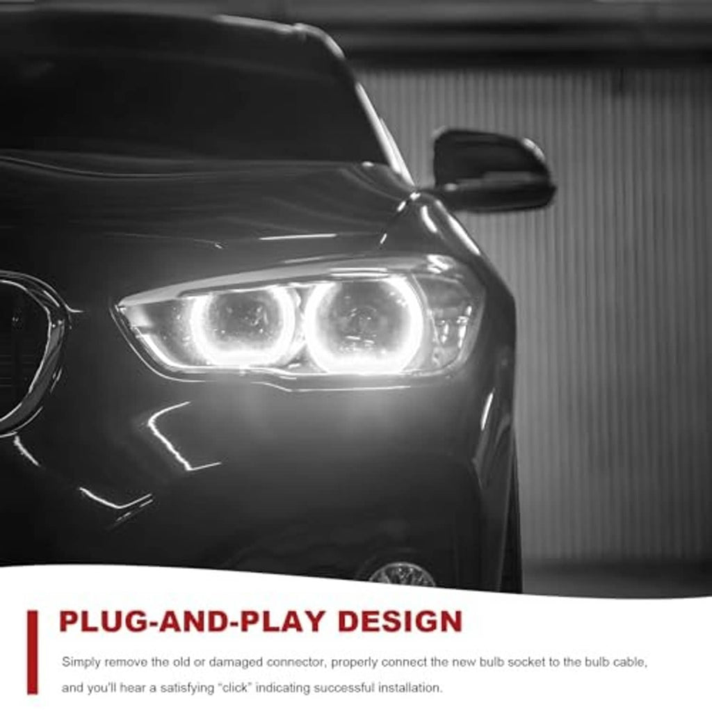 Car front with illuminated headlights showing plug-and-play bulb socket adapter