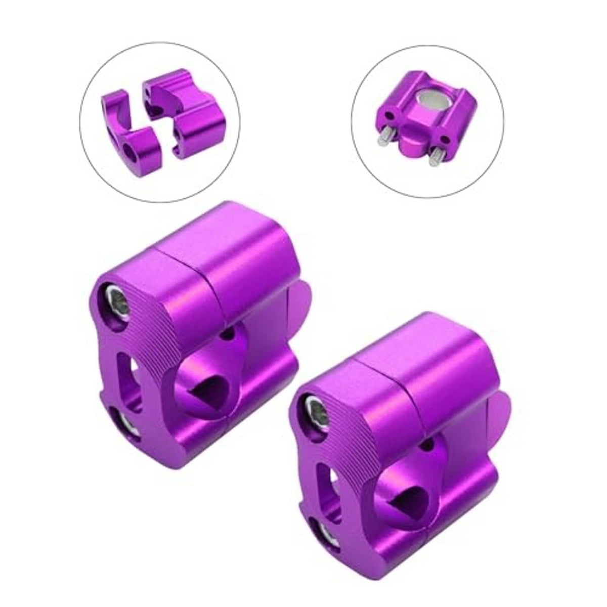 Purple CNC aluminum handlebar clamp pair with top and side views of bolt holes