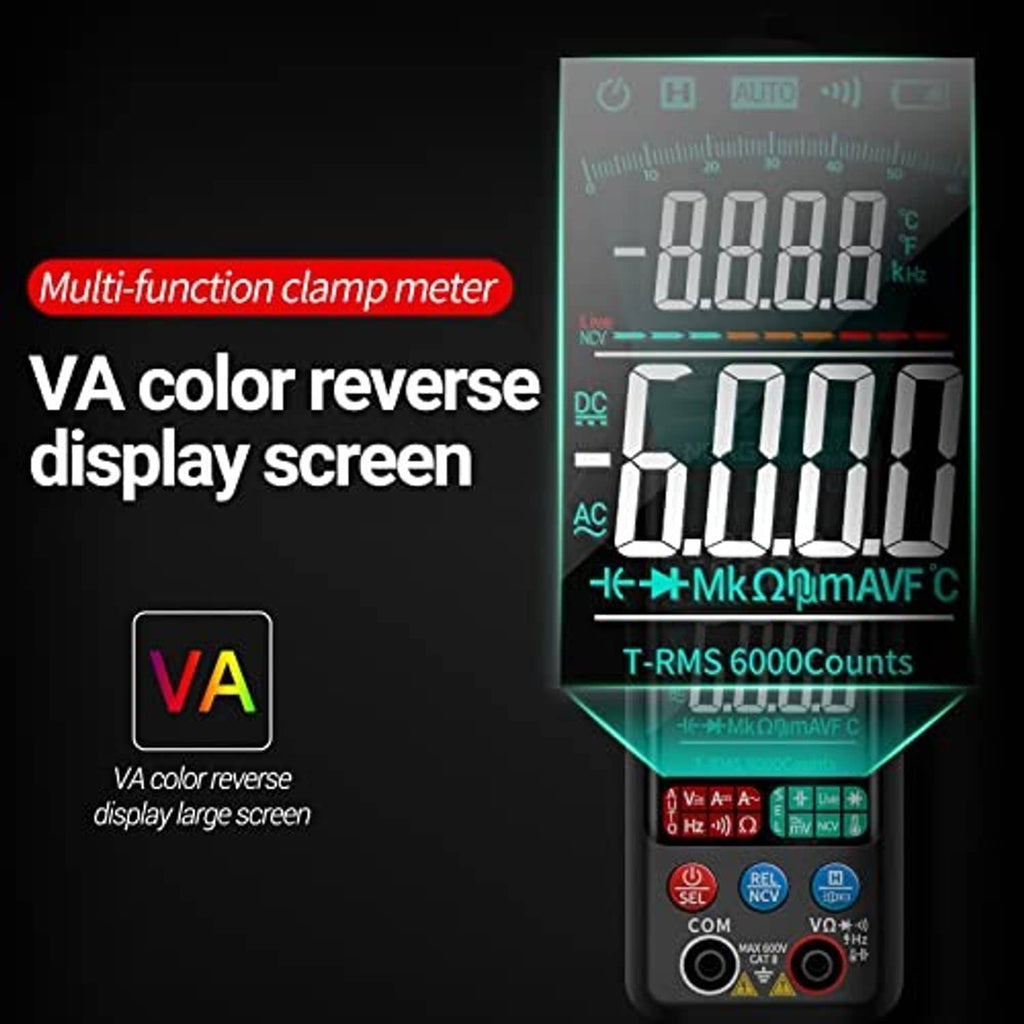 Red clamp multimeter with large color-reverse LCD VA display and function indicators