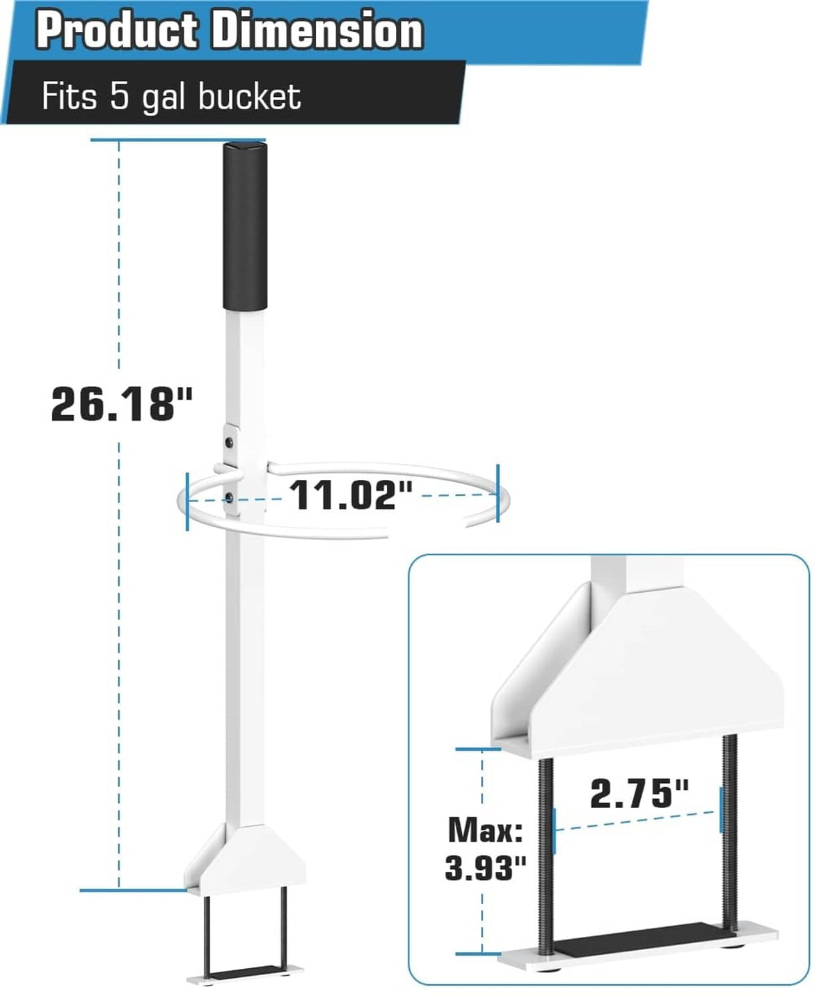 White bucket holder mount with black rubber grip and base bracket, viewed from side