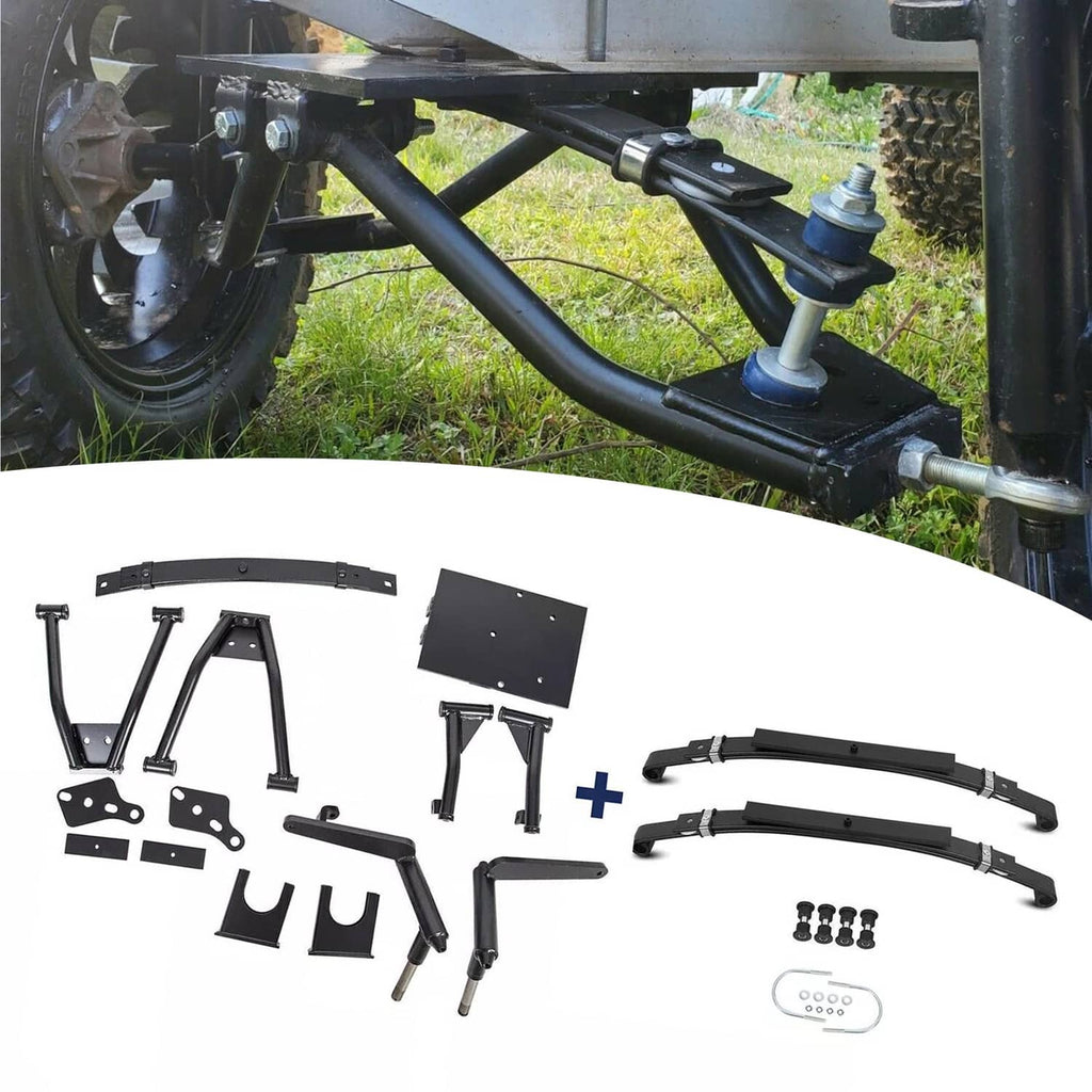 Golf cart A-arm lift kit with black steel lift arms and rear leaf spring hardware