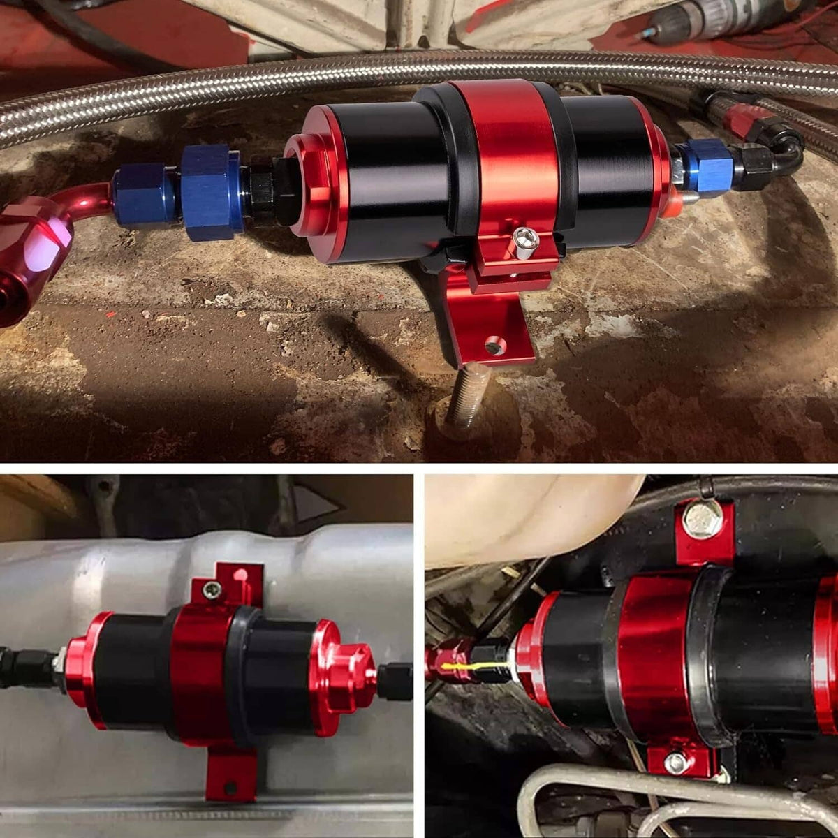 Inline fuel filter mounted in engine bay with red canister, hoses, and bracket