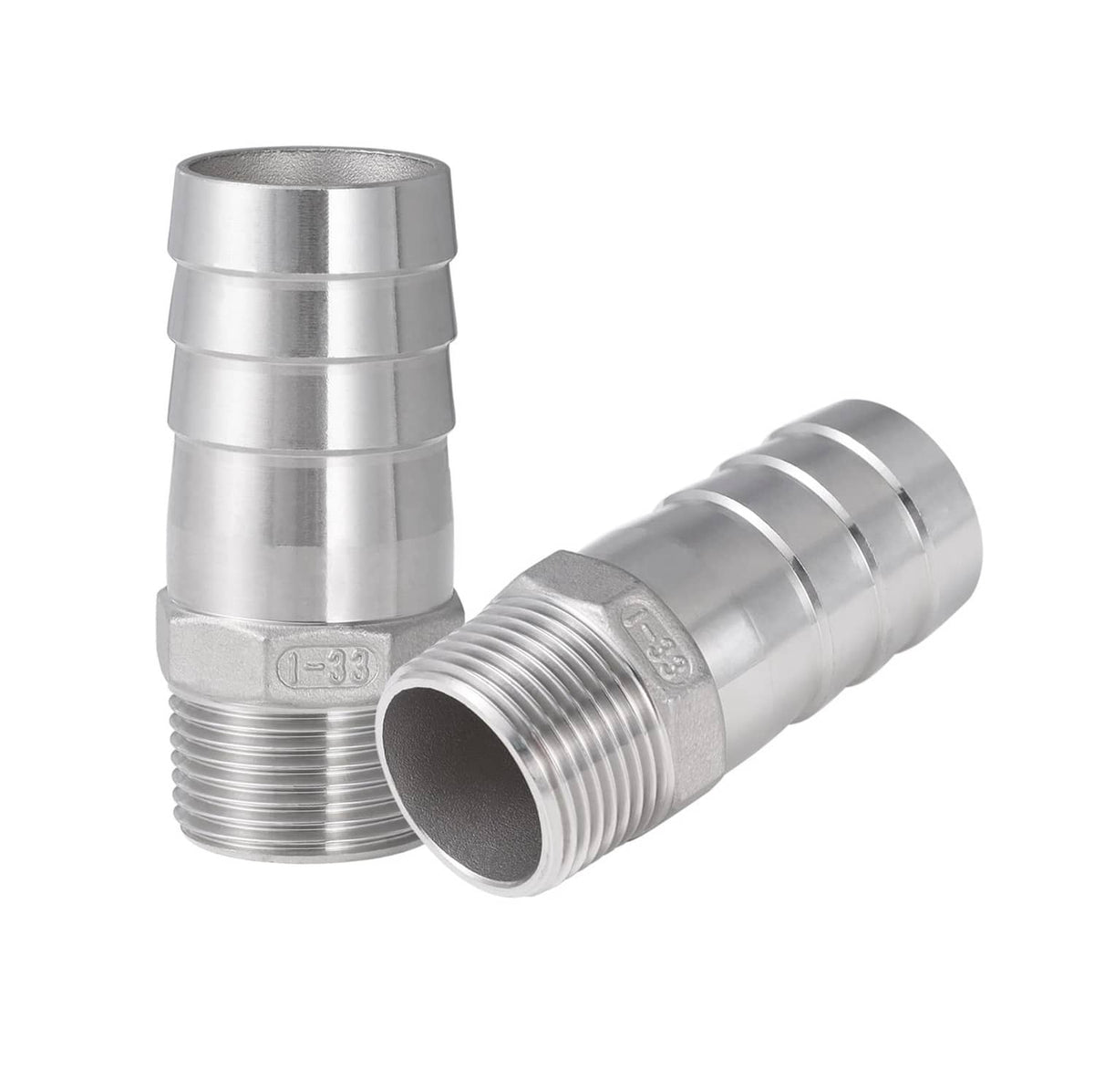 Stainless steel hose barb fitting, silver with barbed end and NPT male thread