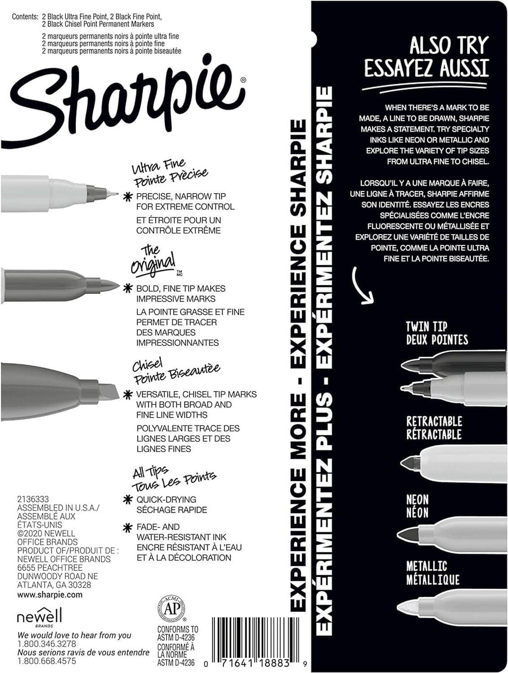 Permanent marker variety pack packaging with product information and diagrams