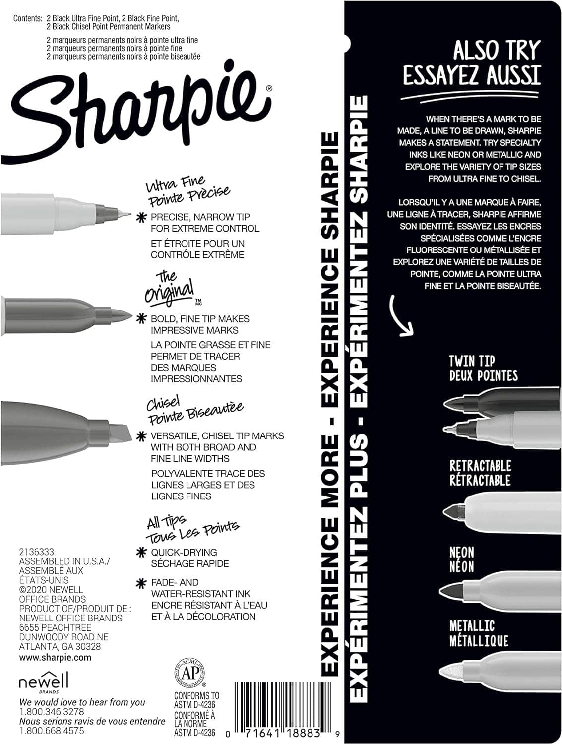 Permanent marker variety pack packaging with product information and diagrams