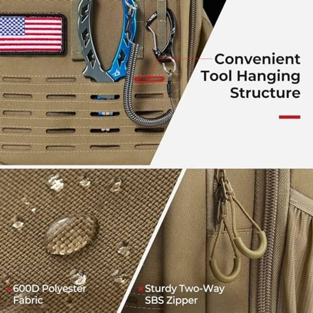 Khaki tackle backpack front panel with U.S. flag patch and tool hook loops