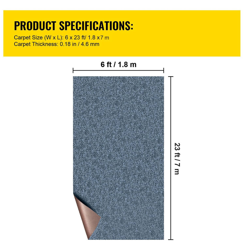 Blue cut-pile carpet roll with size guide, flat rectangular rug with rolled edge.