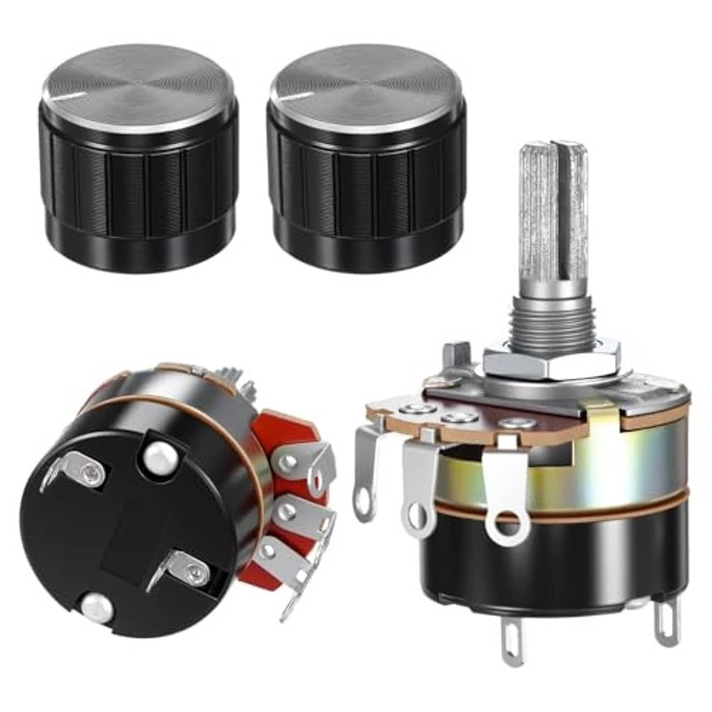 Two black knurled potentiometer knobs with threaded shafts and metal base terminals