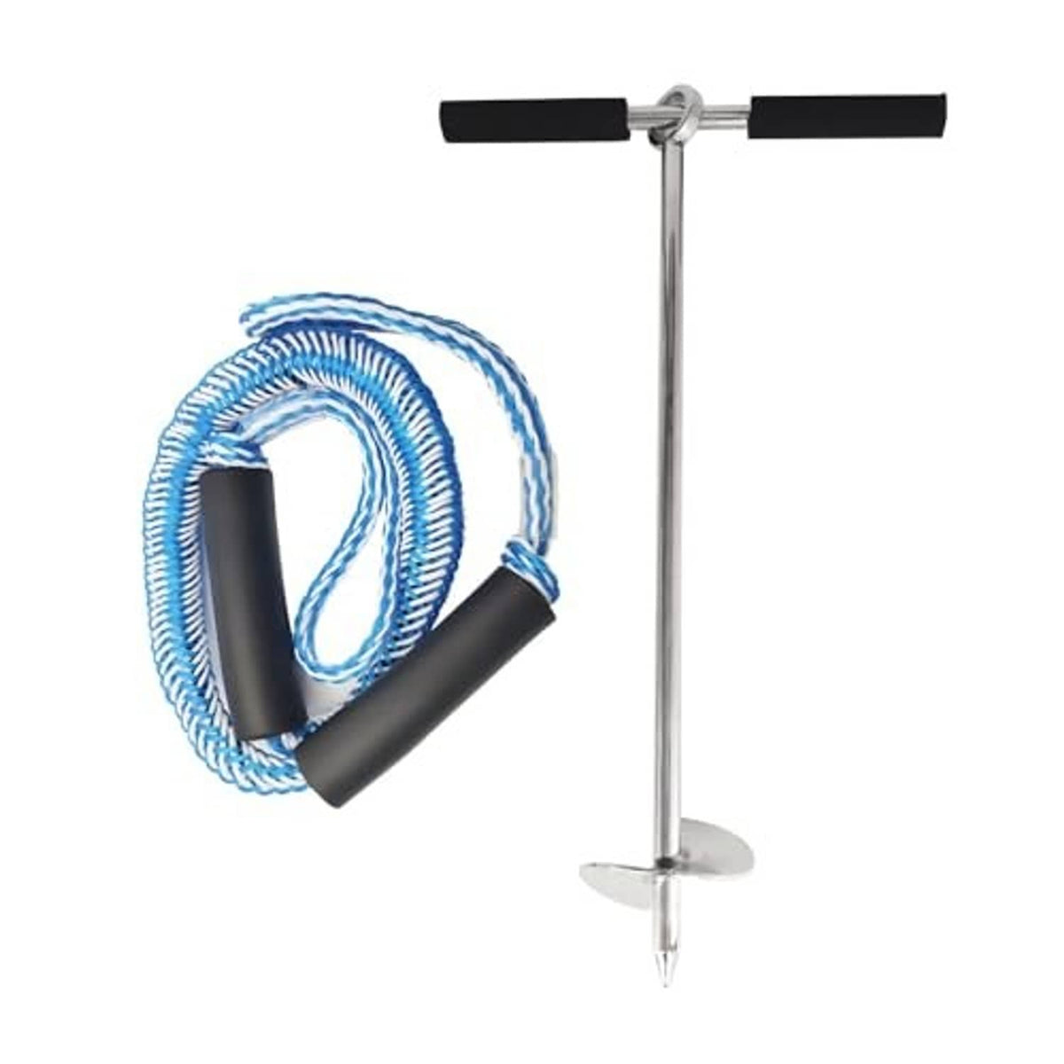 Sand anchor auger with blue rope and black handle grips on a stainless shaft