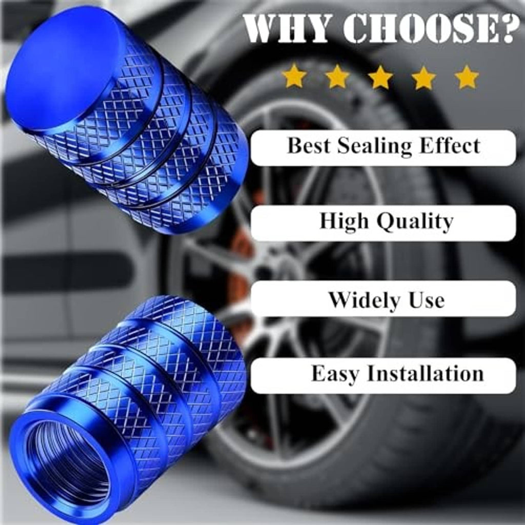 Blue tire valve stem caps with textured diamond grip, anodized aluminum, dust-proof set