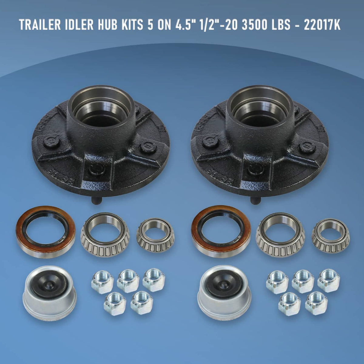 Trailer idler hub kit components: two hubs, bearings, seals, and hex wheel nuts