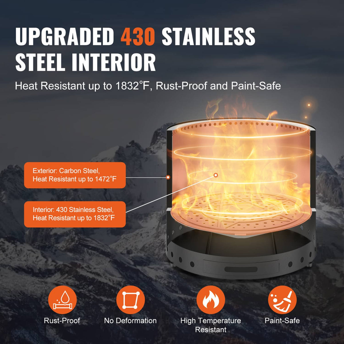VEVOR fire pit stove with perforated stainless interior and flames inside black shell