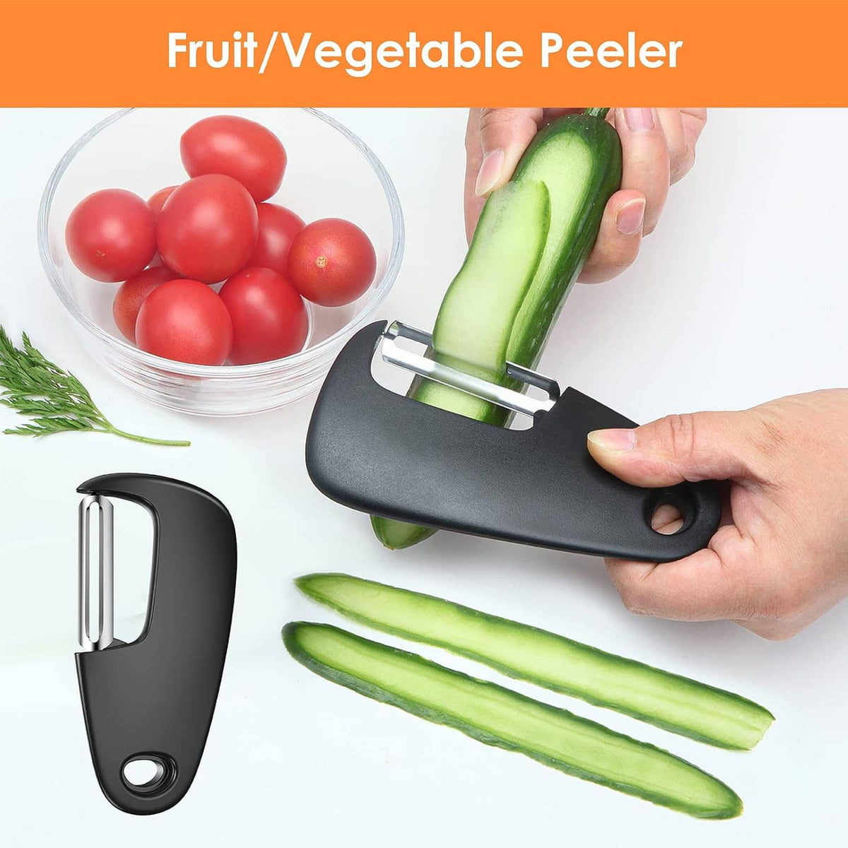 Black fruit/vegetable peeler with metal blade; peeling a cucumber