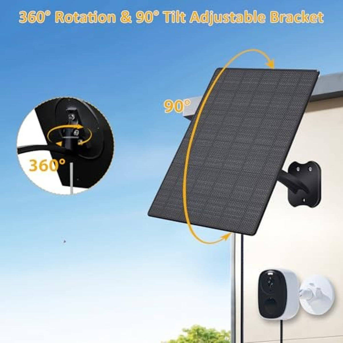 Black solar panel on adjustable wall mount with 90-degree tilt and 360 rotation