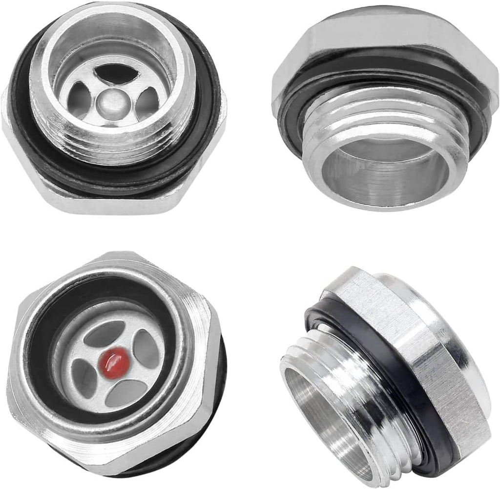4-pack air compressor oil level gauges with red window indicator, black seal, metal housing