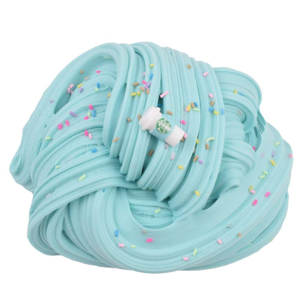Light blue stretchy slime coil with white cup charm and multicolor sprinkle bits