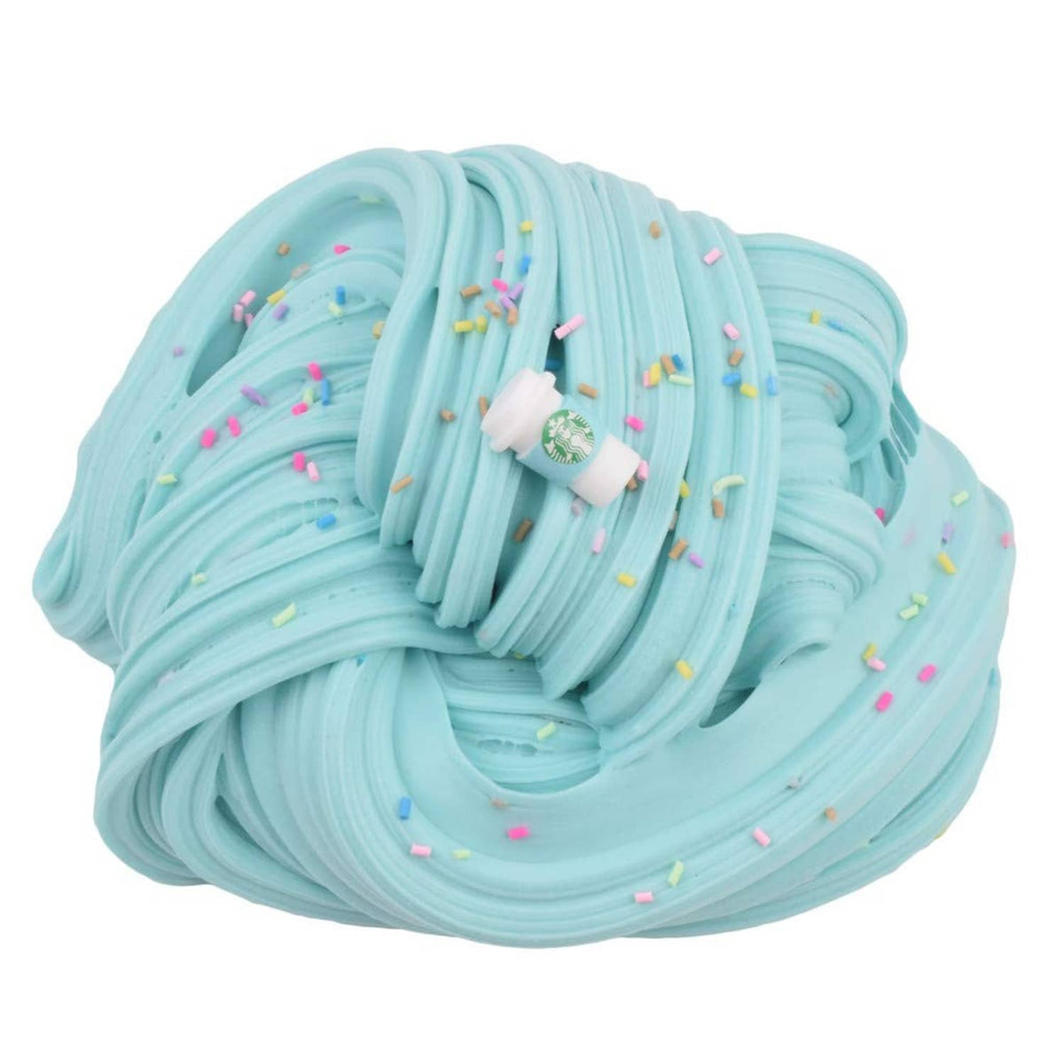 Light blue stretchy slime coil with white cup charm and multicolor sprinkle bits
