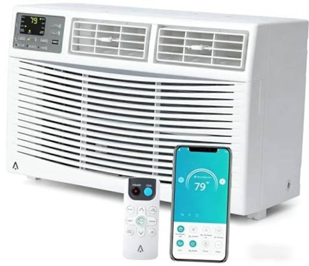 White window air conditioner with control panel and front grille vents