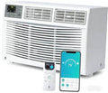 White window air conditioner with control panel and front grille vents