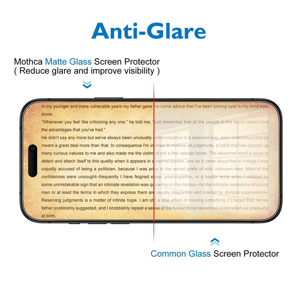 Matte glass screen protector reduces glare for clearer viewing on a phone