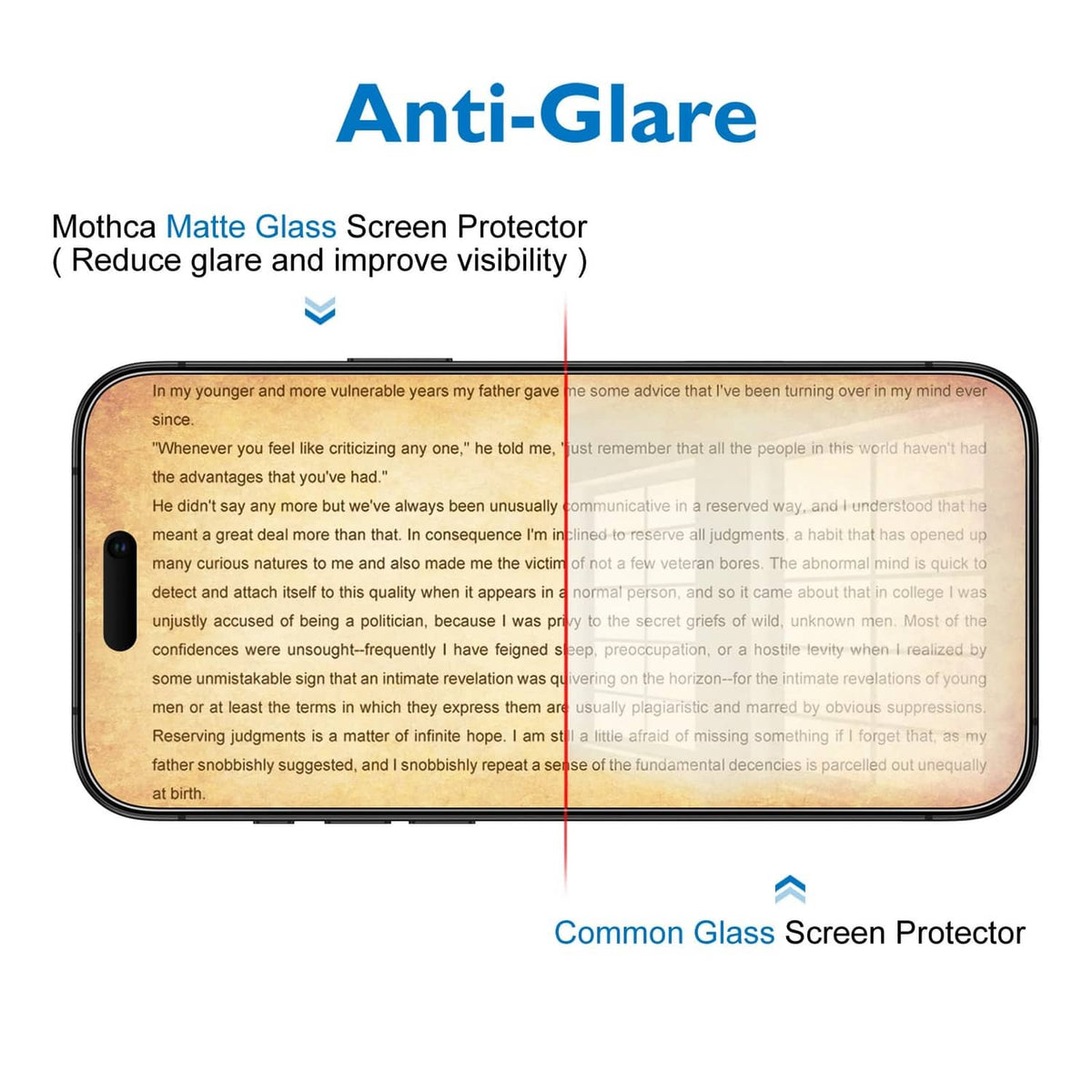 Matte glass screen protector reduces glare for clearer viewing on a phone