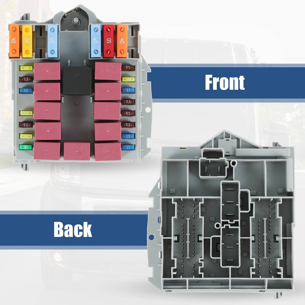 Power distribution center showing front and back fuse layout with molded plastic relay sockets