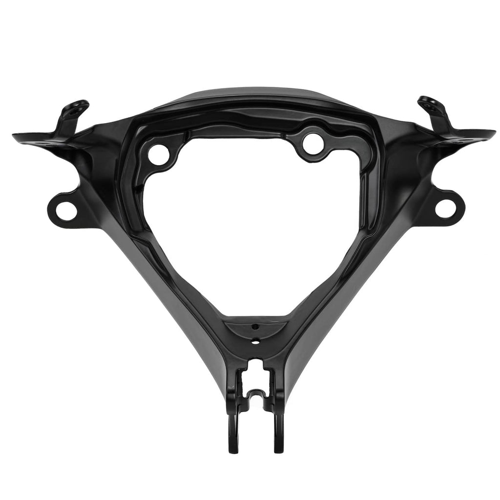 Black headlight upper stay fairing bracket with triangular opening and mounting lugs