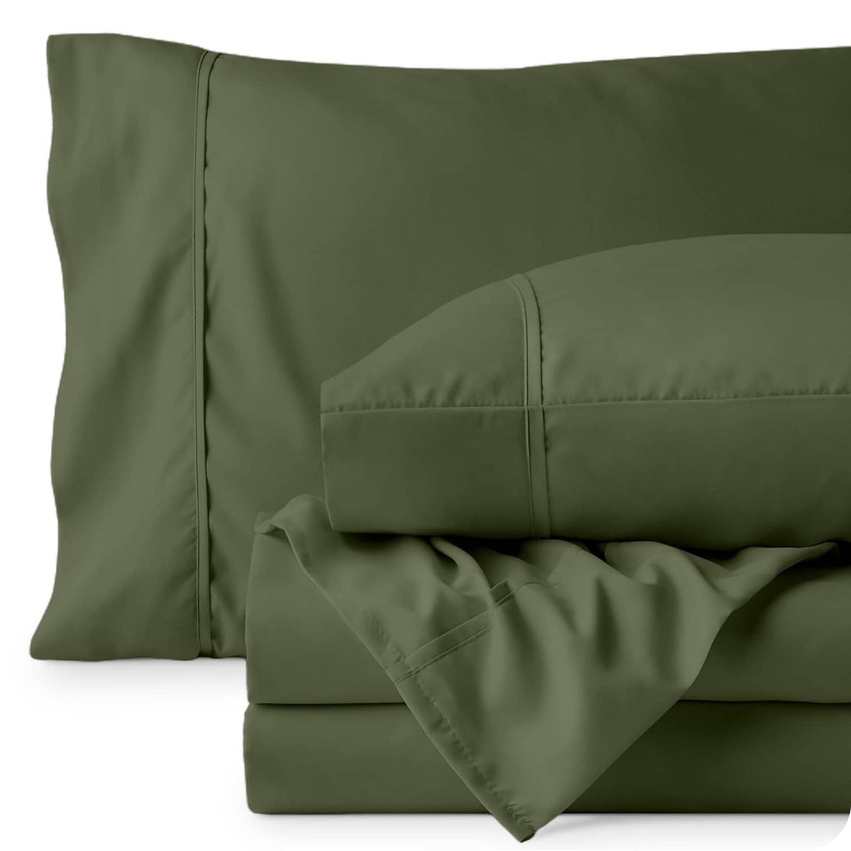 Olive green pillowcases and bed sheet set, close-up of folded fabric