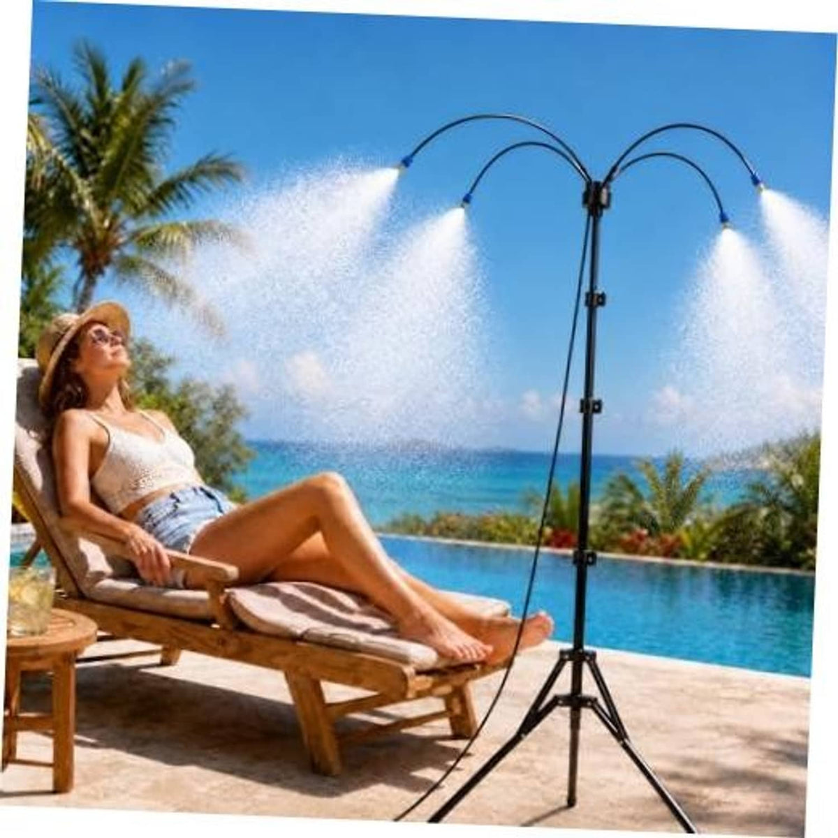 Outdoor misting tripod with two arched hoses spraying fine water mist over seating