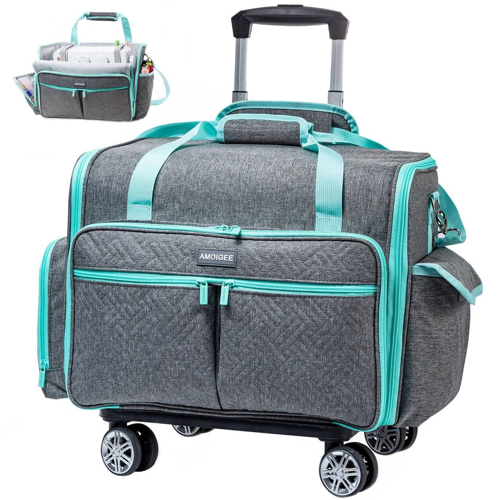 Gray and teal rolling sewing machine case with wheels and wide opening