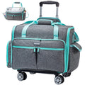 Gray and teal rolling sewing machine case with wheels and wide opening