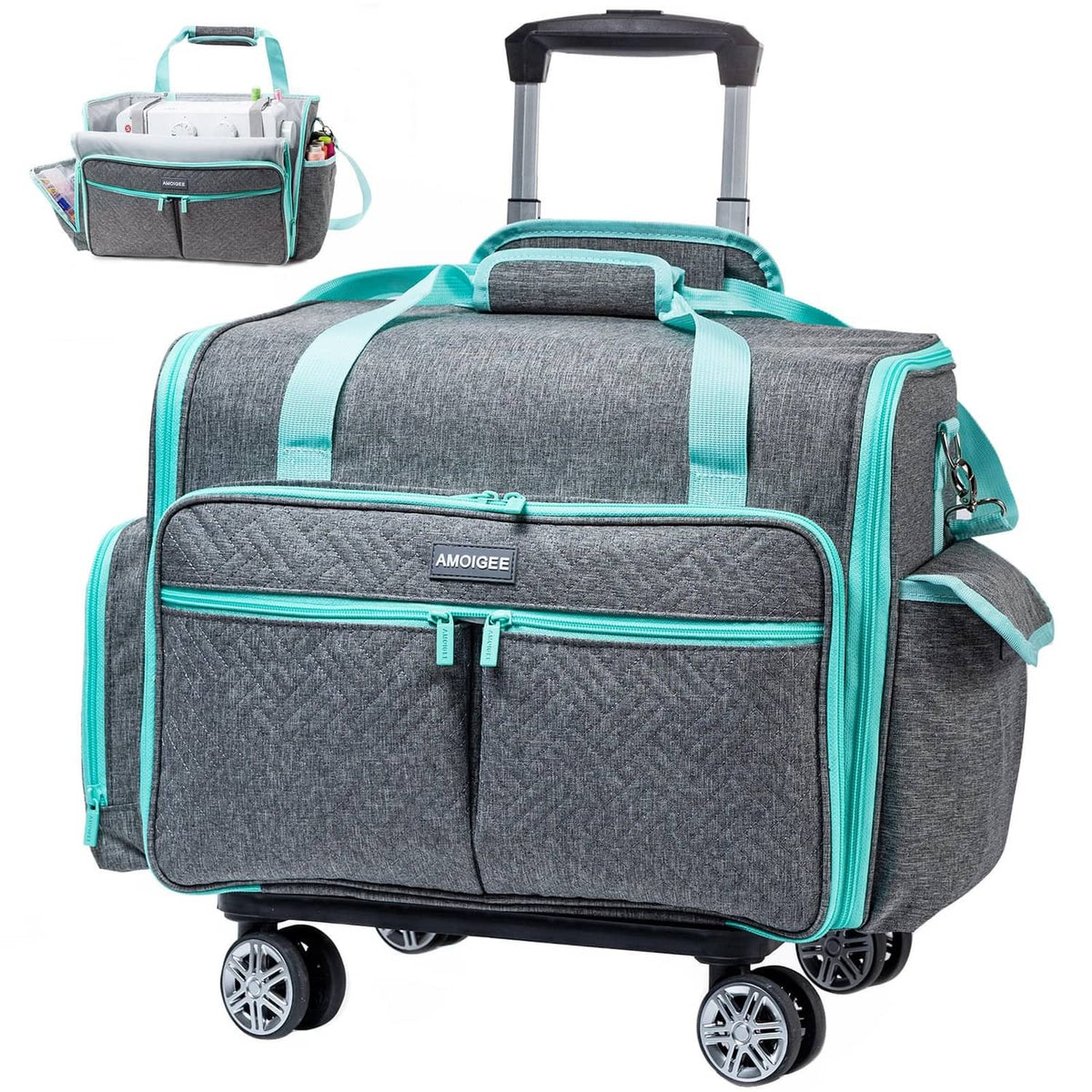 Gray and teal rolling sewing machine case with wheels and wide opening